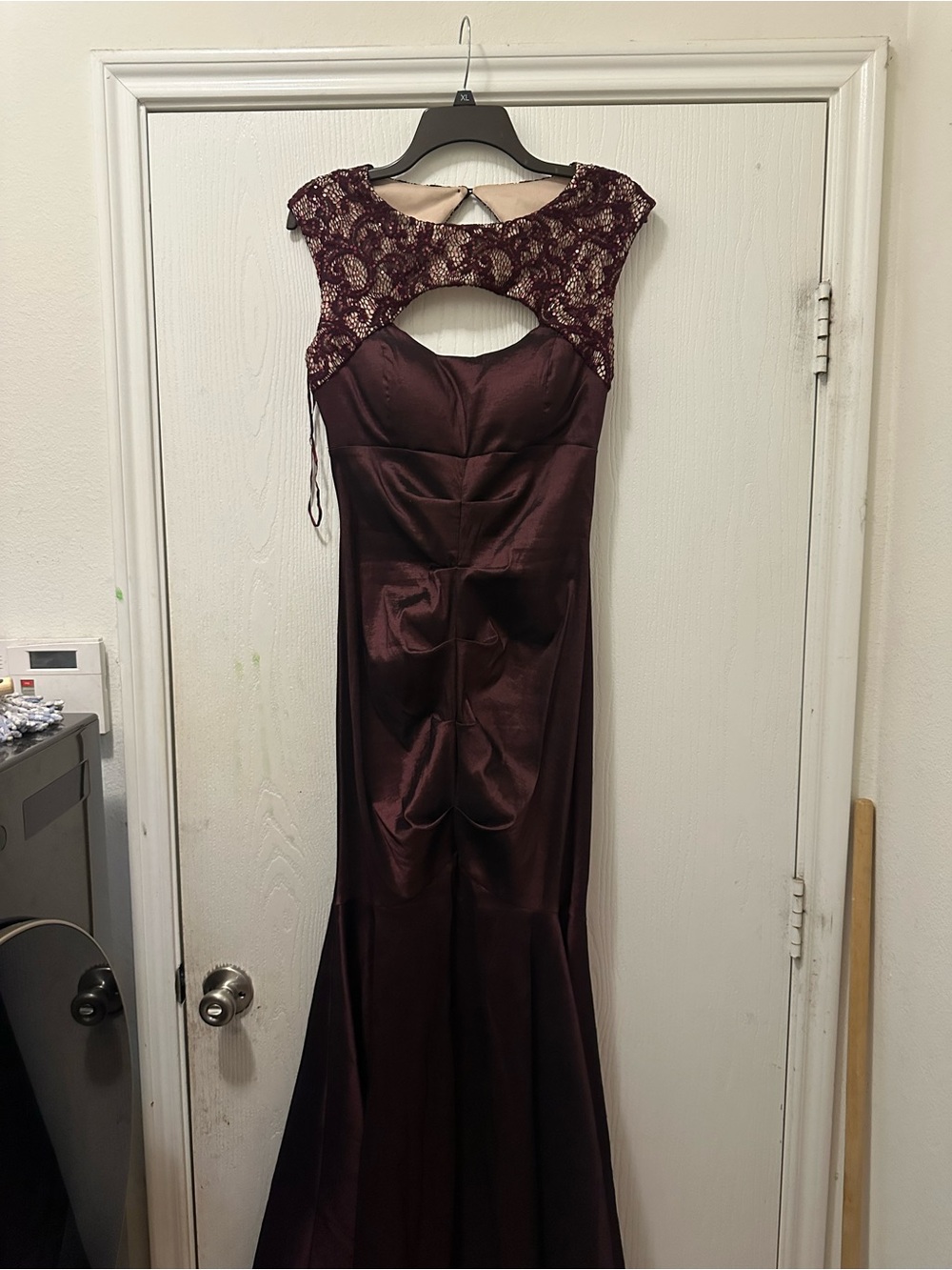 R&M Richards Burgundy Lace-Top Satin Mermaid Gown